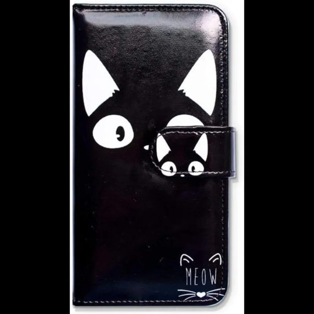 For iPhone 11 Case, White Ear Cat Black Card Slot Wallet Leather